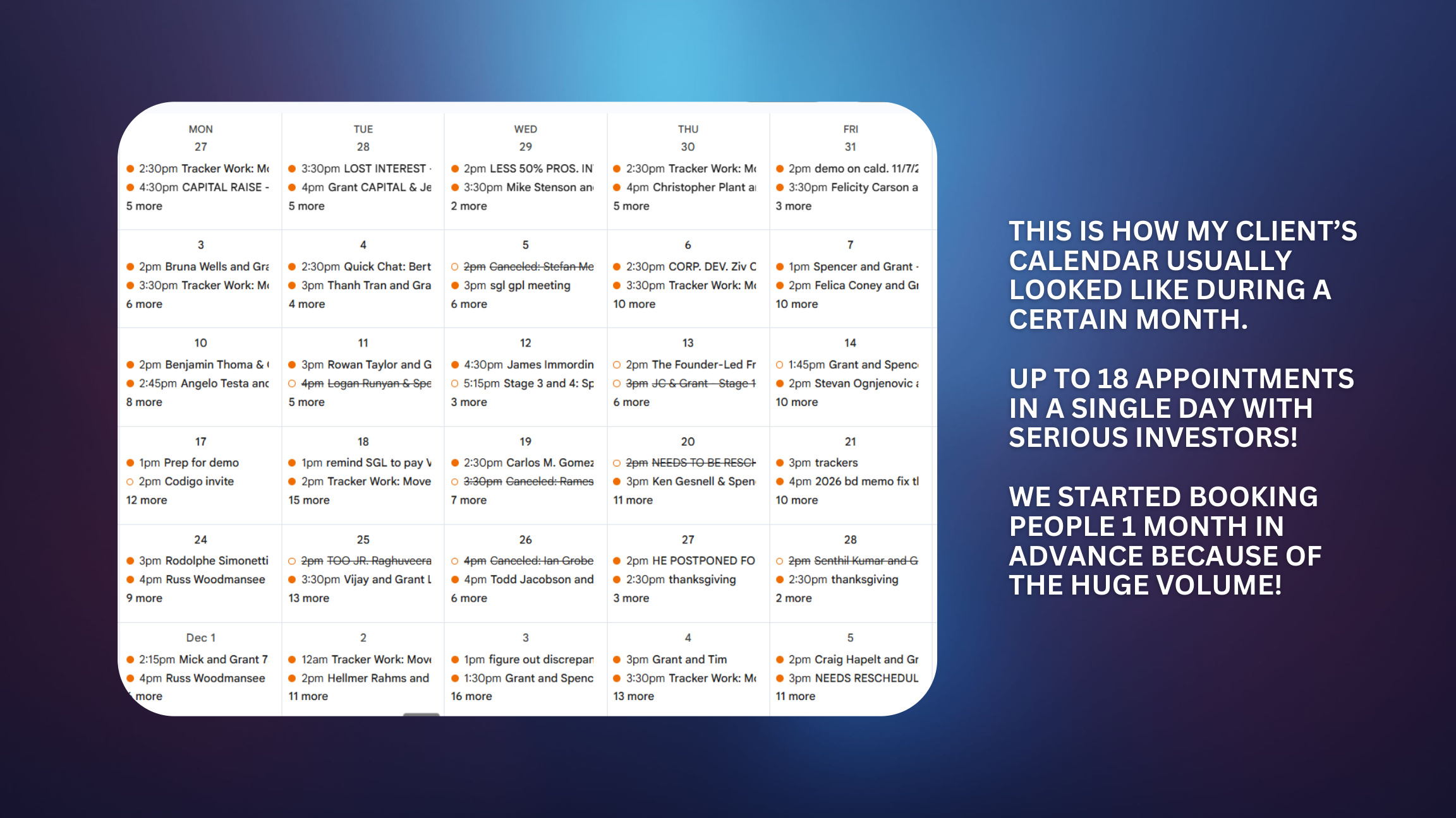 Investor calendar appointment volume screenshot