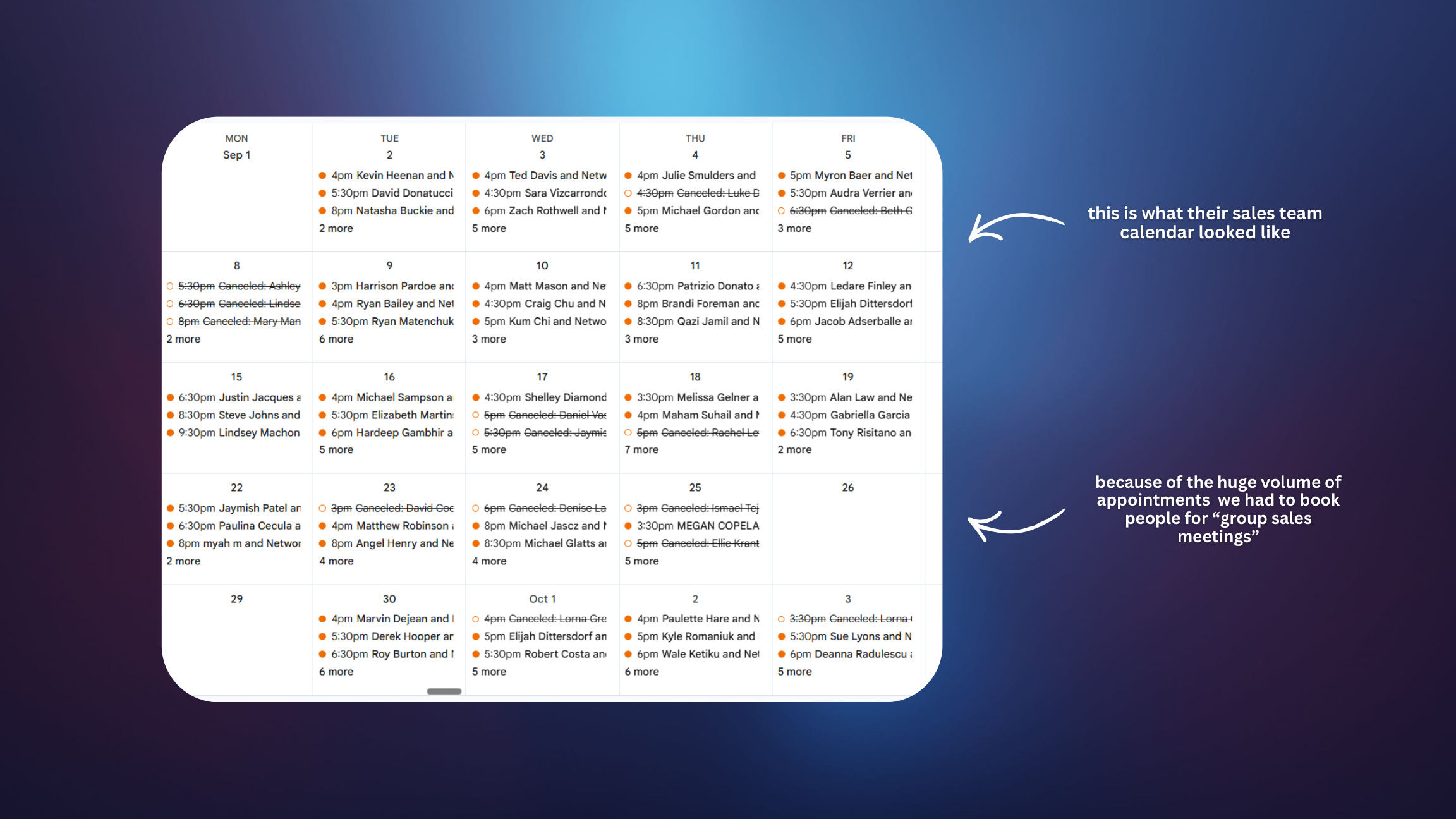 Sales team calendar screenshot from case study